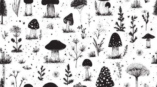 Cute mushrooms and ferns, forest floor pattern texture vector illustration