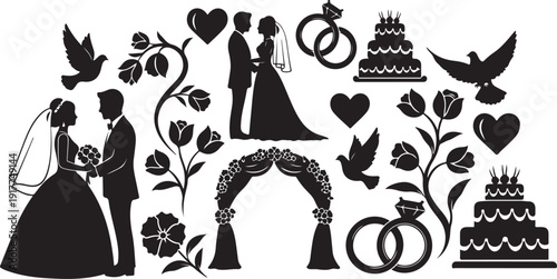 Wedding Silhouette Icons for Celebrations and Love Concepts