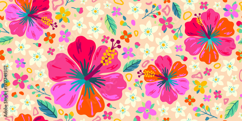 Vibrant tropical seamless floral vector pattern featuring hibiscus flowers, colorful flowers, and playful botanical elements. Ideal for fabric, textiles, wallpaper, packaging, and summer design.