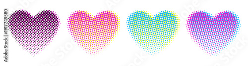 Set of CMYK halftone hearts, printing color separation, retro vintage analog vector illustration with color shift effect. Love symbols