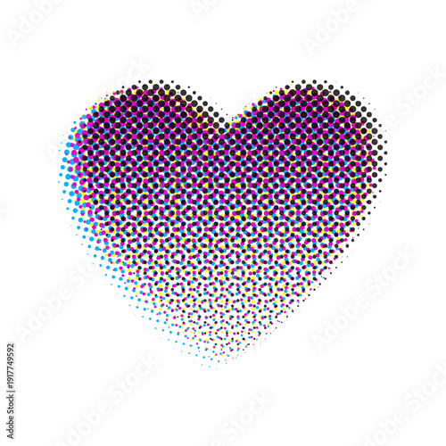 CMYK halftone heart, printing color separation, retro vintage analog vector illustration with color shift effect. Love symbol.