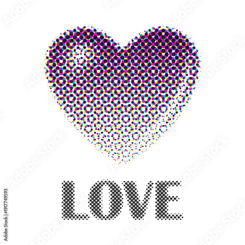 CMYK halftone heart, printing color separation, retro vintage analog vector illustration with color shift effect. Love symbol.