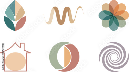 Collection of abstract minimalist logos and symbols in muted pastel colors