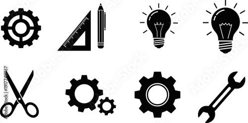 Collection of black icons representing engineering, creativity, and tools for design and development