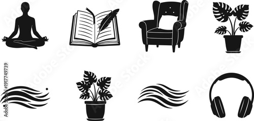 Collection of icons representing relaxation, learning, comfort, nature, and music