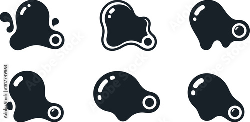 Collection of six abstract dark blobs with glossy highlights and a circular eye-like element