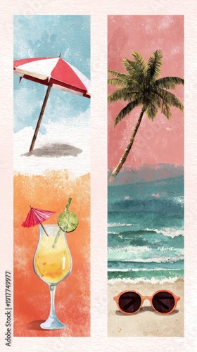 Summer beach vacation elements watercolor drawing