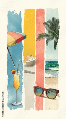 Summer beach vacation collage with tropical elements
