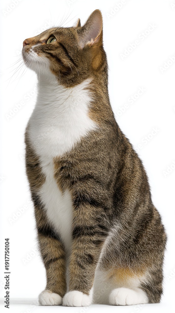 Fototapeta premium Tabby cat sitting looking up white background