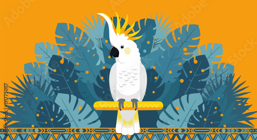 White cockatoo with a yellow crest perched on a branch, surrounded by lush blue and teal tropical leaves, set against a vibrant orange background with a decorative tribal border at the bottom.