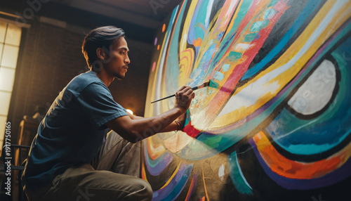 A person painting a colorful abstract mural on a wall.