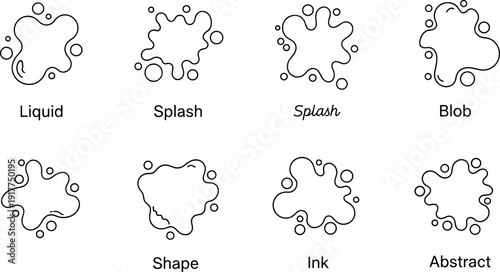 Collection of abstract liquid splash and blob shapes with circles in outline style