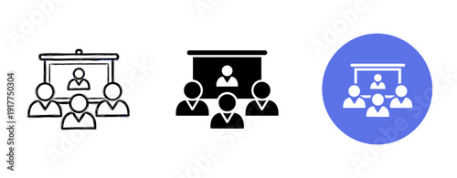 Icons of virtual meeting: sketch, solid black, blue circle styles