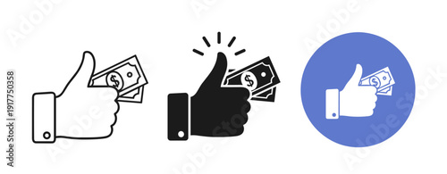 Thumbs up icons with money: three styles of money approval symbols