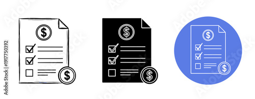 Financial document icons: checklist and dollar symbols in various styles