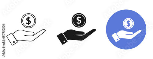 Monochrome and color icons of hand holding dollar coin