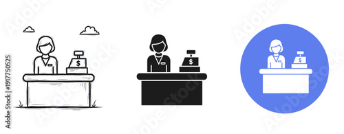 Cashier icon set: female cartoon figures in various styles
