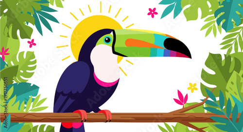 Colorful toucan bird perched on a branch in a vibrant jungle setting with lush green leaves and a bright yellow sun. Created in a flat vector illustration style with a tropical color palette.
