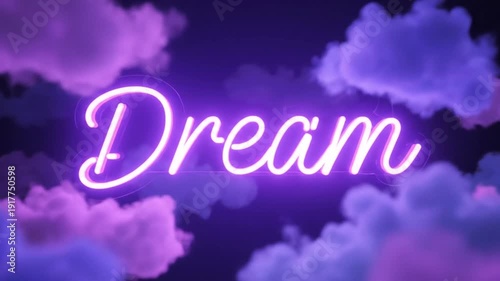 Dreamy neon sign with purple clouds in the background