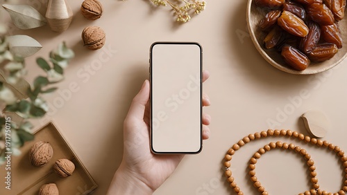 Ramadan mockup scene with hand holding smartphone and dates nearby on a table