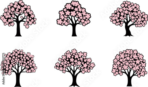 Collection of stylized cherry blossom trees with pink flowers and black trunks