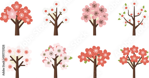 Collection of eight stylized cherry blossom trees in various colors and styles