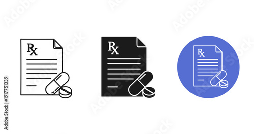 Prescription icons with capsules: black, white, and blue variations