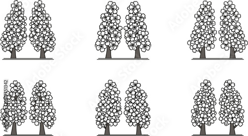 Stylized illustration of paired cherry blossom trees in bloom, presented in a repeating pattern