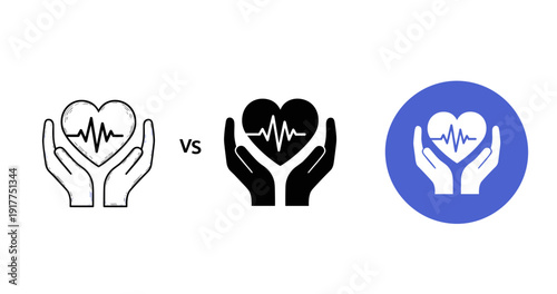 Heart care icons comparison with pulse symbol in hands on white and blue backgrounds