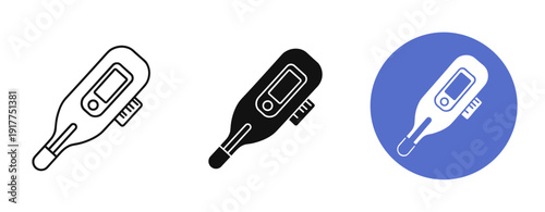Digital thermometer icons: set of outline, solid, and color styles