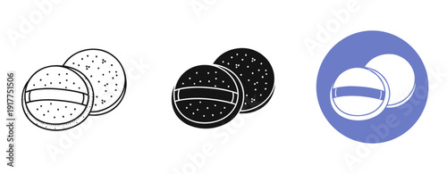 Illustrations of sandwich cookies: line art, silhouette, and colored icon variants