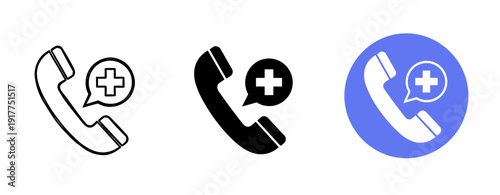 Medical assistance phone icons: outline, solid, and circular variations