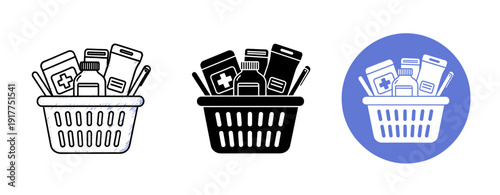 Medical supplies icons: toothbrushes, medicines, and first aid in basket design variations