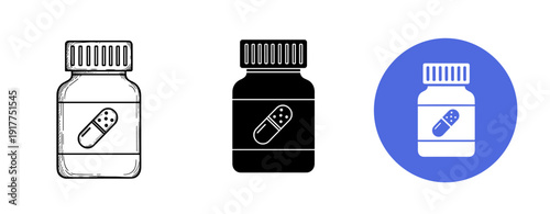 Medicine bottle icons in black, white, and blue variations with pill design