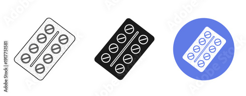 Set of tablet blister pack icons in outline and solid styles on white and blue