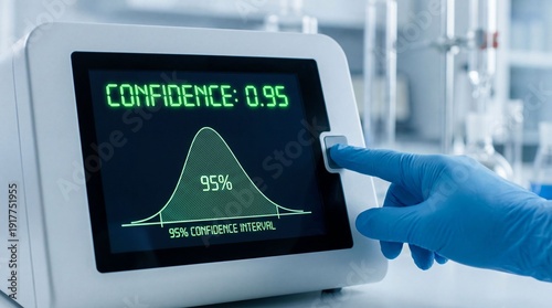 Researcher pressing a button on a device showing statistical confidence in a modern laboratory