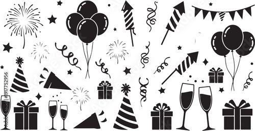 Black and white party celebration icons and symbols set