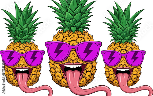 Three cartoon pineapples with purple sunglasses and long pink tongues sticking out, isolated on a transparent background. This vector illustration features a fun and quirky fruit character