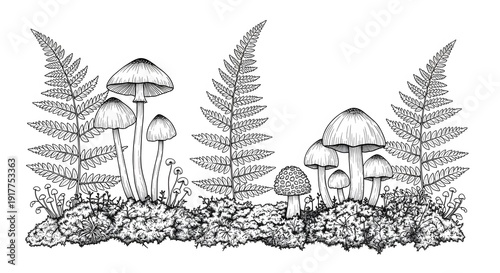Hand drawn mushrooms and ferns woodland line art