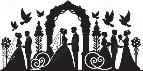 Wedding Party Silhouette with Arch and Floral Decorations Black