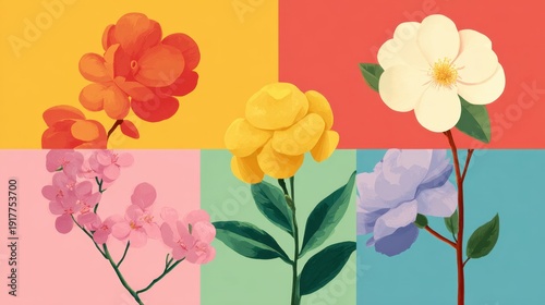 Colorful flowers arrangement on pop art vibrant background