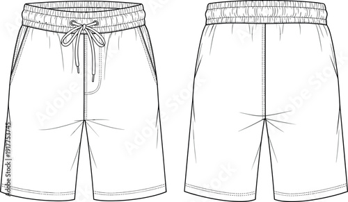 Men's Athletic Shorts Technical Flat Sketch Vector Illustration Front and Back View for Fashion Design and Apparel Mockup Template