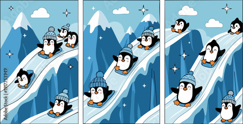 Three cartoon vector illustrations depicting cute penguins sledding down snowy mountains. The scenes show penguins in blue knitted hats and scarves
