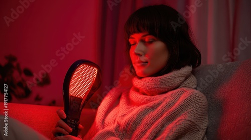 Woman Using Red Light Therapy Device in Cozy Indoor Setting