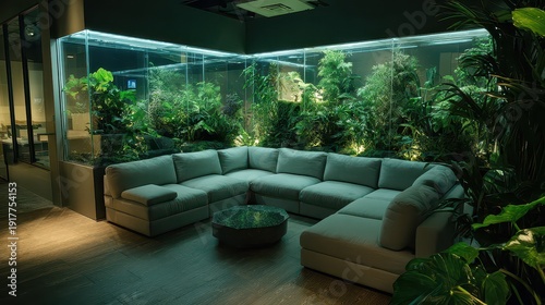 Cozy Lounge Area Surrounded by Lush Greenery and Natural Light