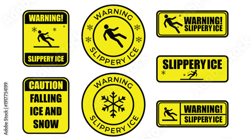 Slippery Ice Warning Sign Set – Yellow Caution Falling Ice and Snow Safety Labels Collection