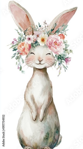 Watercolor bunny wearing floral crown celebrating spring