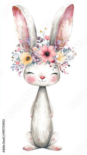 Cute watercolor bunny wearing a floral crown