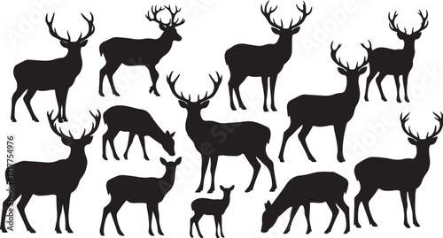 Deer Silhouettes in Various Poses on White Background Illustration