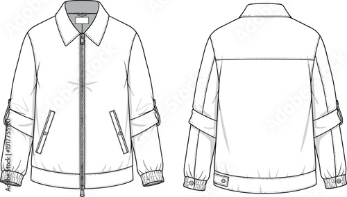 Men's Harrington Jacket Technical Fashion Illustration Vector Sketch Front and Back View Mockup with Zipper and Roll-up Sleeves